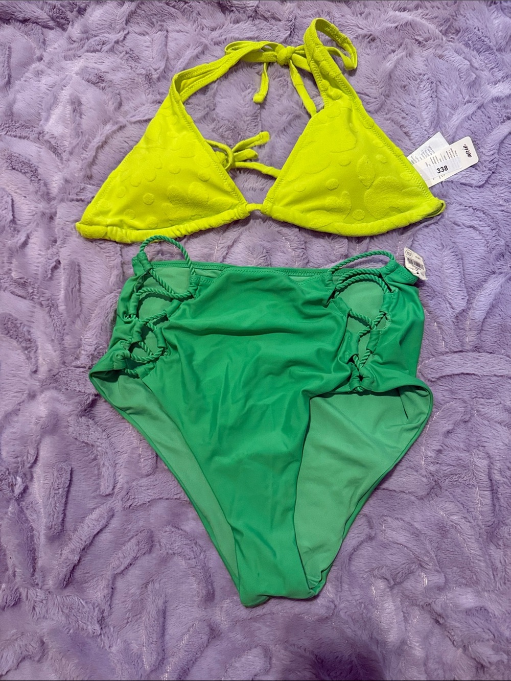 aerie Neon Yellow Triangle Bikini Top & Green High-Waist Bikini Bottom